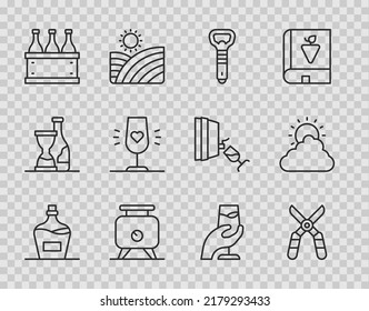 Set line Old bottle of wine, Gardening scissors, Bottle opener, Fermentation grapes, Bottles box, Wine glass, tasting, degustation and Sun and cloud weather icon. Vector