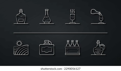 Línea Vieja botella de vino, uvas de viñedo, degustación de vino, degustation, caja de botellas, cartón, decorador para, fiasco italiano e ícono. Vector