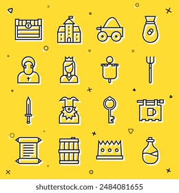 Set line Old bottle of wine, Street signboard with Bar, Garden pitchfork, Wooden four-wheel cart, Princess, Monk, Antique treasure chest and Medieval flag icon. Vector
