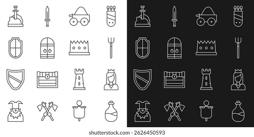 Botella de vino antigua, princesa, horquilla de jardín, Carrito de madera de cuatro ruedas, puerta del castillo medieval, escudo, espada, la piedra y el ícono de la corona del rey. Vector