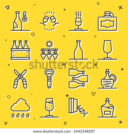 Set line Old bottle of wine, Wine italian fiasco, glass, tasting, degustation, Drying grapes, Bottles box, temperature and  icon. Vector