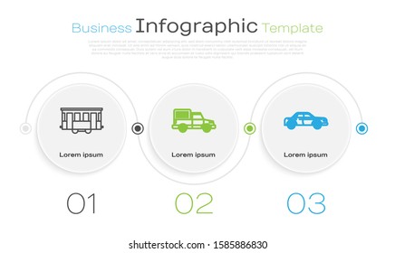 Set line Old city tram, Delivery cargo truck vehicle and Sedan car. Business infographic template. Vector