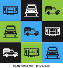 Set line Old city tram, Delivery cargo truck vehicle and Car icon. Vector