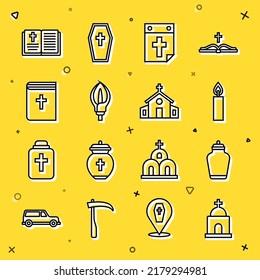 Set line Old crypt, Funeral urn, Burning candle, Calendar death, Lily flower, Holy bible book,  and Church building icon. Vector