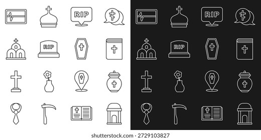 Set line Old crypt, Funeral urn, Holy bible book, Speech bubble rip death, Tombstone with RIP written, Church building, Beat dead monitor and Coffin cross icon. Vector