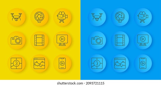 Set line Old film movie countdown frame, Photo camera, Play Video, Online play video, Drone flying, Retro cinema and Camera shutter icon. Vector