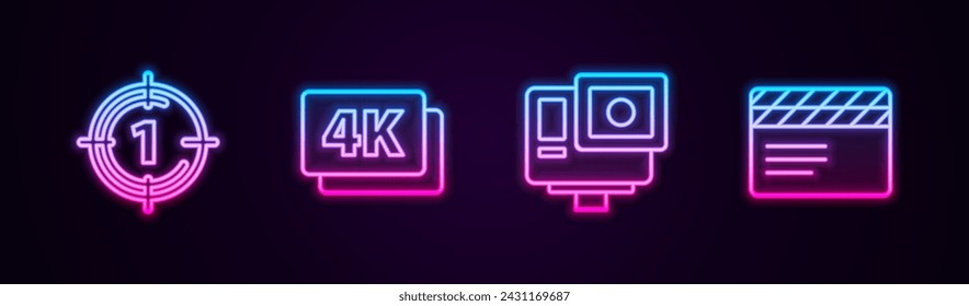 Set line Old film movie countdown frame, 4k Ultra HD, Action extreme camera and Movie clapper. Glowing neon icon. Vector