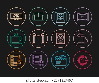 Set line Old film movie countdown frame, Camera roll cartridge, Movie spotlight, Rope barrier, Retro tv, Screen with 8k, CD disk award in and Cinema chair icon. Vector