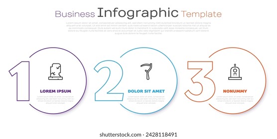 Set line Old grave with tombstone, Scythe and Grave. Business infographic template. Vector