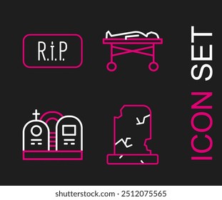 Set line Tumba vieja con lápida, tumba, cuerpo muerto en la morgue y burbuja de discurso rasgar icono de la muerte. Vector