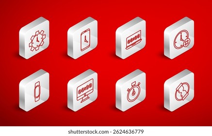 Set line Old hourglass, Alarm clock app mobile, Clock on laptop, delete, Stopwatch, Time Management, monitor and Smartwatch icon. Vector