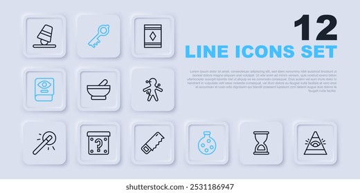 Set line Old hourglass, All-seeing eye of God, Witch cauldron, Bottle with potion, Ancient magic book, Mystery box, key and Hand saw icon. Vector