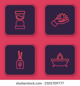 Set line Old hourglass, Aroma diffuser, Lotus flower and candle. Blue square button. Vector