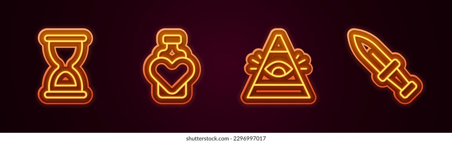 Set Linie Altes Stundenglas, Flasche mit Liebestrank, Allessehende Augen von Gott und Dagger. Leuchtendes Neonsymbol. Vektorgrafik