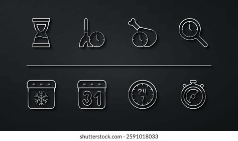 Set line Old hourglass, Calendar winter, Magnifying with clock, Clock 24 hours, Cleaning time, Stopwatch and Food icon. Vector