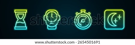 Set line Old hourglass, Clock, Stopwatch and Moon and stars. Glowing neon icon. Vector