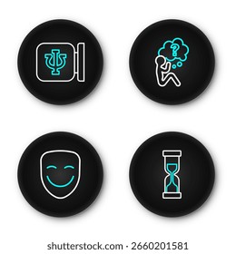 Set line Old hourglass, Comedy theatrical mask, Head with question mark and Psychology, Psi icon. Vector