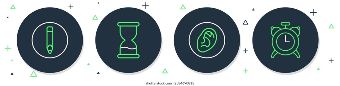 Set line Old hourglass, Ear listen sound signal, Pencil and Alarm clock icon. Vector