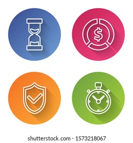 Set line Old hourglass with flowing sand, Coin money with dollar symbol, Shield with check mark and Stopwatch. Color circle button. Vector