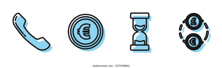 Set line Old hourglass with flowing sand, Telephone handset, Coin money with euro symbol and Money exchange icon. Vector