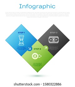 Set line Old hourglass with flowing sand, Stacks paper money cash, Coin money with pound sterling symbol and Cryptocurrency coin Bitcoin. Business infographic template. Vector