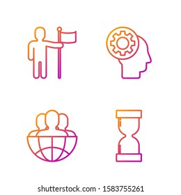 Set line Old hourglass with flowing sand, Globe and people, Man holding flag and Human head with gear inside. Gradient color icons. Vector