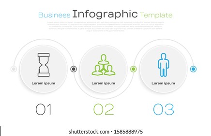 Set line Old hourglass with flowing sand, Project team base and User of man in business suit. Business infographic template. Vector