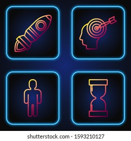 Set line Old hourglass with flowing sand, User of man in business suit, Rocket ship with fire and Head hunting concept. Gradient color icons. Vector