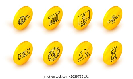 Set line Old hourglass with flowing sand, Computer monitor dollar, Presentation financial board graph, schedule, chart, diagram, infographic, pie and pound sterling icon. Vector