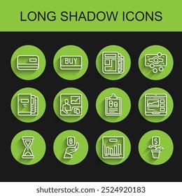 Set line Old hourglass, Hand holding Bitcoin, Credit card, Pie chart infographic, Dollar plant, Trading courses,  and Business finance report icon. Vector