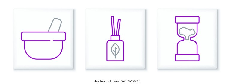Set line Old hourglass, Mortar and pestle and Aroma diffuser icon. Vector