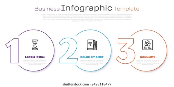 Set line Old hourglass, Office folders and Pie chart infographic. Business infographic template. Vector