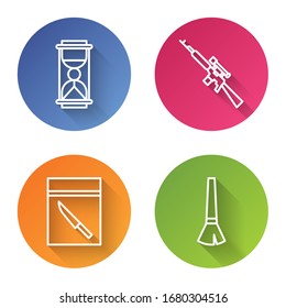 Set line Old hourglass with sand, Sniper rifle with scope, Evidence bag and knife and Paint brush. Color circle button. Vector