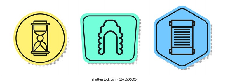 Set line Old hourglass with sand, Judge wig and Decree, paper, parchment, scroll. Colored shapes. Vector