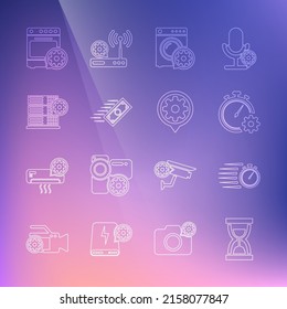Set line Old hourglass with sand, Stopwatch, Time management setting, Washer, Fast payments, Server, Oven and Setting icon. Vector