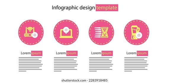 Set line Old hourglass with sand, Blender bowl setting, Laptop and Router wi-fi icon. Vector