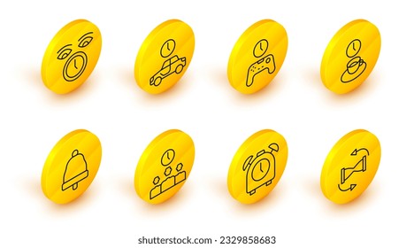 Set line Old hourglass with sand, Alarm clock, Time Management, Ringing bell, Coffee time, Gamepad, to travel and Clock icon. Vector