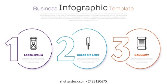 Set line Old hourglass with sand, Feather pen and Decree, paper, parchment, scroll. Business infographic template. Vector