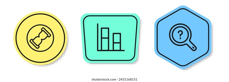 Set line Old hourglass with sand, Graph, chart, diagram and Unknown search. Colored shapes. Vector