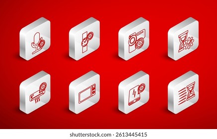 Set line Old hourglass with sand, Wrist watch setting, Video camera, Hourglass, Power bank, Microphone, Microwave oven and Air conditioner icon. Vector