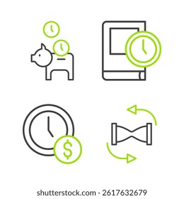 Set line Old hourglass with sand, Time is money, for book and Piggy bank coin icon. Vector
