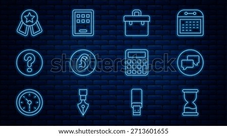 Set line Old hourglass, Speech bubble chat, Briefcase, Ear listen sound signal, bubbles with Question, Medal star, Calculator and Graphic tablet icon. Vector