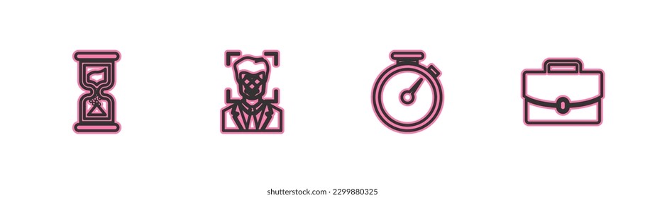 Set line Old hourglass, Stopwatch, Face recognition and Briefcase icon. Vector