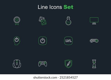 Set line Reloj de arena viejo, espada para el juego, joystick del regulador del juego, ratón del ordenador, nivel, Botón de poder e icono. Vector