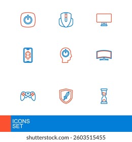 Set line Old hourglass, Sword for game, Game controller joystick, Computer monitor, Mobile gaming, Power button,  and mouse icon. Vector