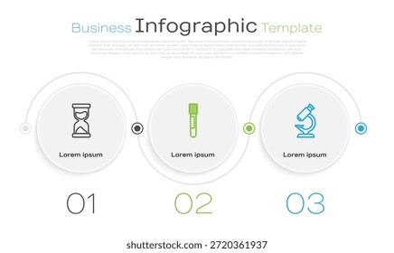 Set line Reloj de arena viejo, tubo de ensayo y microscopio. Plantilla de infografía de negocios. Vector