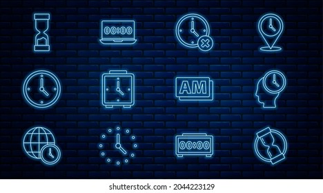 Set line Old hourglass, Time Management, Clock delete, Alarm clock, AM and on laptop icon. Vector