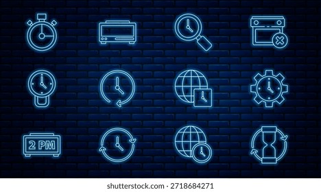Set line Old hourglass, Time Management, Magnifying with clock, Clock, Stopwatch, World time and Digital alarm icon. Vector