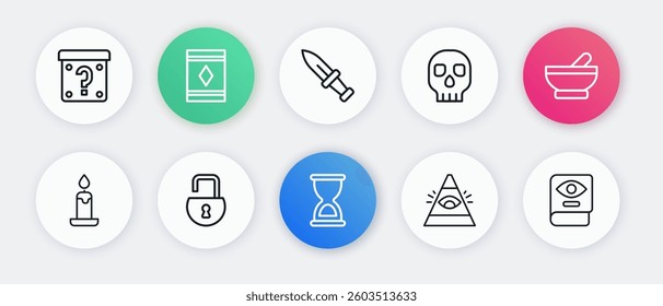 Set line Old hourglass, Witch cauldron, Burning candle, All-seeing eye of God, Skull, Dagger, Ancient magic book and Open padlock icon. Vector