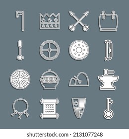 Línea de la antigua llave, yunque para el martillo herrero, arco medieval, flechas cruzadas, escudo de madera redonda, llama de la antorcha, hacha e ícono. Vector